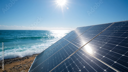Solar Panels on Beach Shoreline with Bright Sun and Ocean Waves