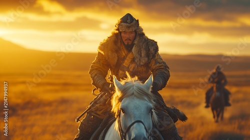 Warrior astride a white horse rides across a sun-drenched steppe, another rider follows in the distance