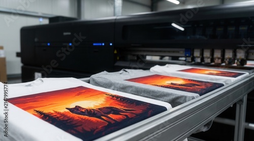 T-shirts printed with modern machine featuring a sunrise sunset design in a clean production facility.