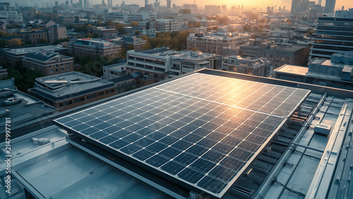 Urban Rooftop Solar Panel Array at Sunset - Renewable Energy in Cityscape
