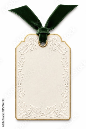 Blank wedding favor tag tied with black ribbon. Elegant gift label for bridal shower or reception decor.