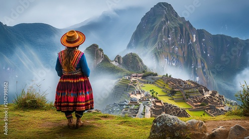 Woman in traditional dress overlooking misty mountain citadel