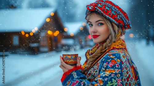 Woman in vibrant winter attire, holding a warm drink, snowy background