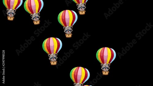 Cartoon Raccoons Falling in Colorful Hot Air Balloons on Black Background