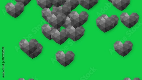 Falling Low Poly Black Hearts Animation on Green Screen Background
