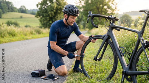 Cyclist repairing tire with hand pump on country road in summer  