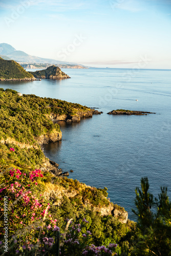 Scenic panoramic coastal view near Maratea, in the Basilicata region, Italy.