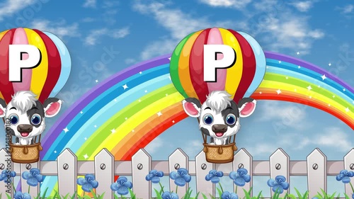 Cartoon Cows in Hot Air Balloons Floating Over Rainbow and Fence
