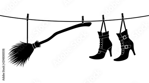 Halloween Witch broom and boots silhouette hanging on clothesline, Halloween holiday vector illustration, spooky black laundry icons on white background vector