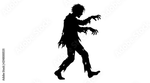 Halloween Zombie silhouette walking with tattered clothes, creepy undead monster vector icon, scary halloween character isolated on white background vector