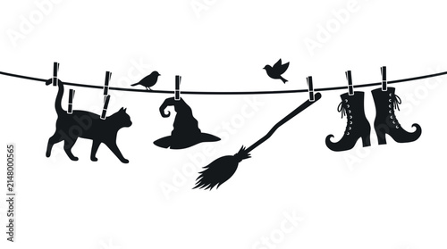Halloween Halloween witch silhouette laundry line, spooky black cat and witch hat on clothesline, magical broomstick and boots vector illustration vector