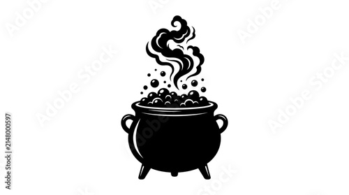 Halloween Vintage witch cauldron vector illustration, boiling magic potion with steam and bubbles, mystical black pot silhouette for Halloween designs vector