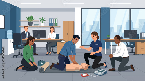 Office CPR Training People practicing cardiopulmonary resuscitation on a dummy in a modern workplace