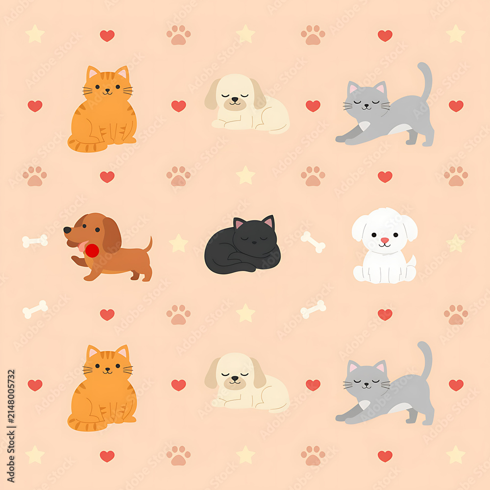 Obraz premium Cute cartoon cats and dogs seamless pattern vector illustration with pets, hearts, paws, and stars on a beige background