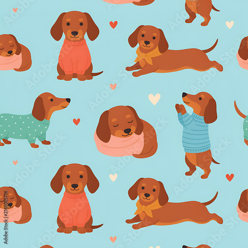 Cute cartoon dachshund dogs seamless pattern vector illustration with puppies wearing sweaters and hearts on a blue background