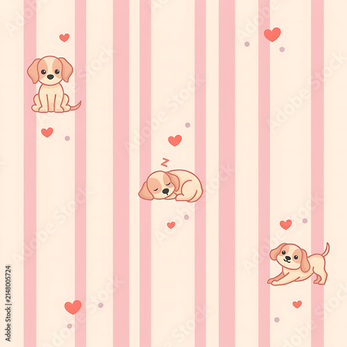 Cute cartoon puppy seamless pattern vector illustration with sleeping and playing little dogs and hearts on a pink striped background