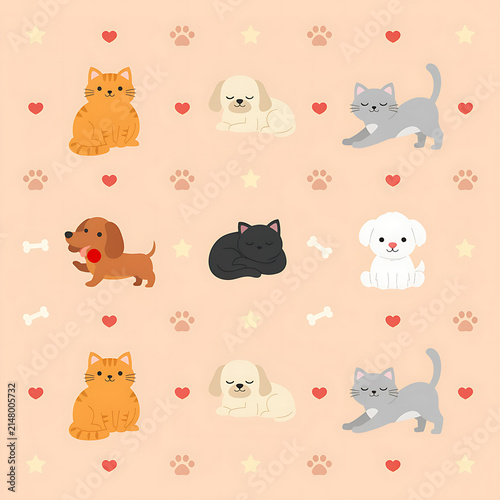 Cute cartoon cats and dogs seamless pattern vector illustration with pets, hearts, paws, and stars on a beige background