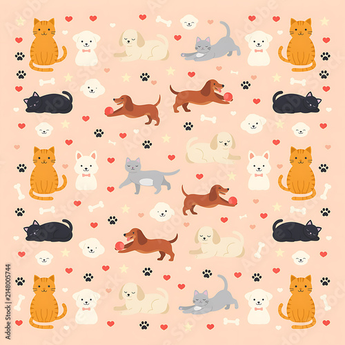 Cute cartoon cats and dogs seamless pattern vector illustration with pets, hearts, and paws on a pink background