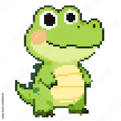 Cute Little Crocodile Pixel Art Character Standing Isolated on White Background