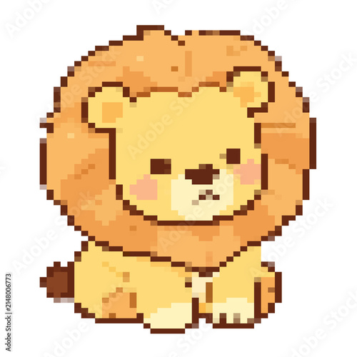 Cute Pixel Art Little Lion Sitting Isolated on White Background