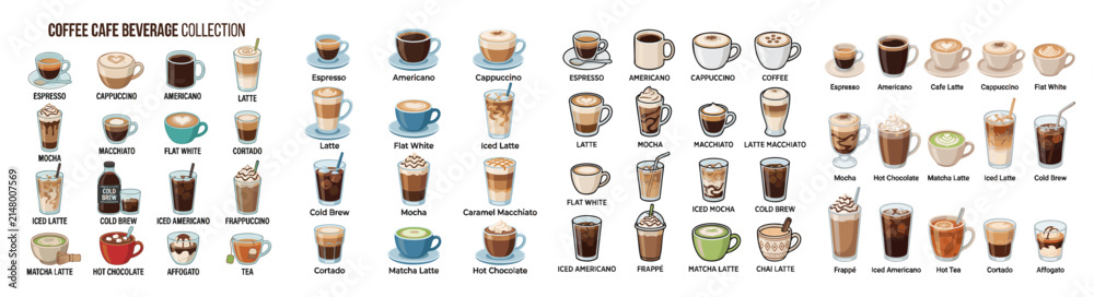 Fototapeta premium Coffee cafe beverage collection flat vector for professional design, vector isolated on white