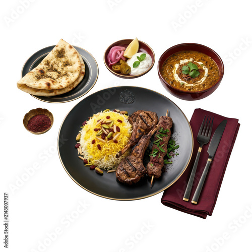 Middle eastern lamb chops with saffron rice and naan, traditional