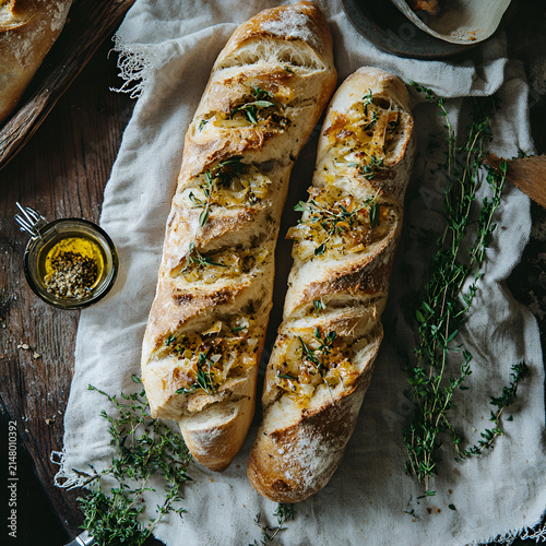 Artisan bread infused with fresh herbs displayed on a rustic wooden table for a cozy dining experience