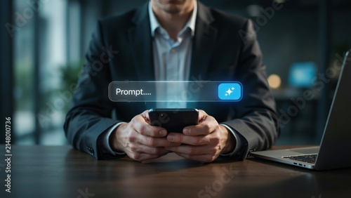 Businessman Holding Smartphone with Floating AI Prompt Search Bar and Send Button - Generative Artificial Intelligence and Virtual Assistant Concept
