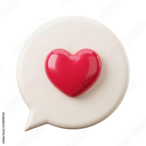 3D white speech bubble with red heart icon isolated on transparent background to illustrate social media like notification online chat and love communication icon for UI
