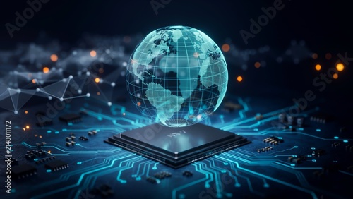 Holographic Globe Floating Above Microchip on Glowing Circuit Board - Global Network, AI Technology and Digital Connectivity Concept
