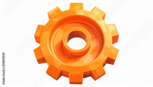 A single bright orange glossy gear cog isolated on a clean white background representing mechanical engineering industrial development and progress.