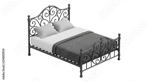 Ornate black metal bed frame with pillows and blanket vintage style bedroom furniture.