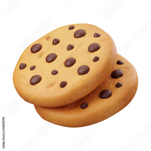 Delicious looking 3D rendered chocolate chip cookies stacked on top of each other isolated on a transparent background for food graphic design projects
