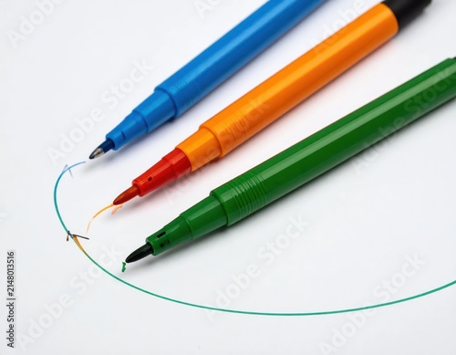 Colorful Markers Arranged in a Row for Creative Artwork and Designing on White Background