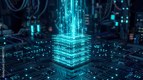 Obraz na płótnie Futuristic microchip processor on circuit board emitting cyan light representing high-performance computing, artificial intelligence, data processing, and advanced server technology concept