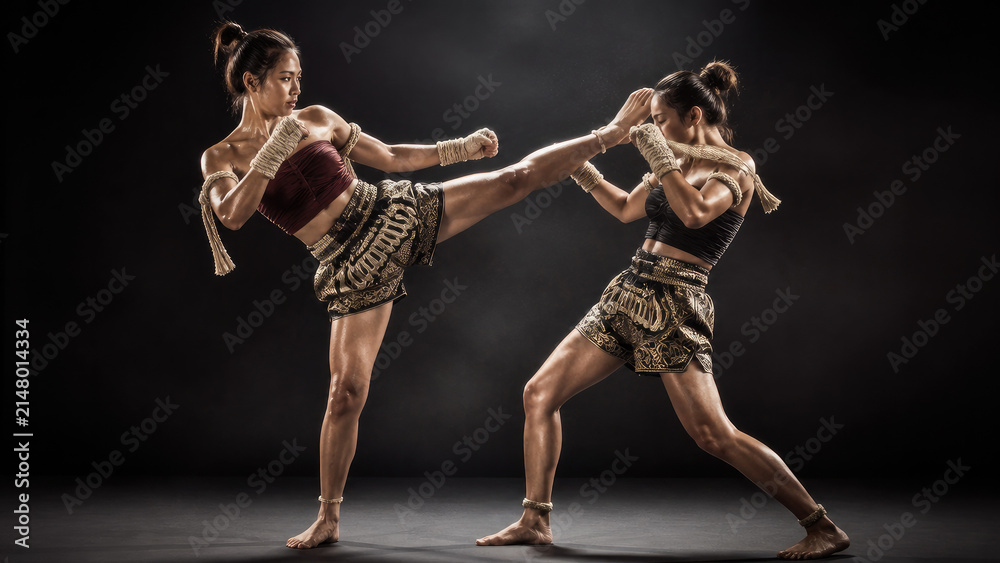 Fototapeta premium Two female Muay Thai fighters in traditional golden attire performing high kick combat moves against dark background showcasing strength and martial arts discipline