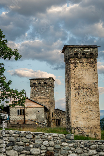 typical Svan towers, Adishi, Upper Svaneti, Caucasus mountain range, Georgia