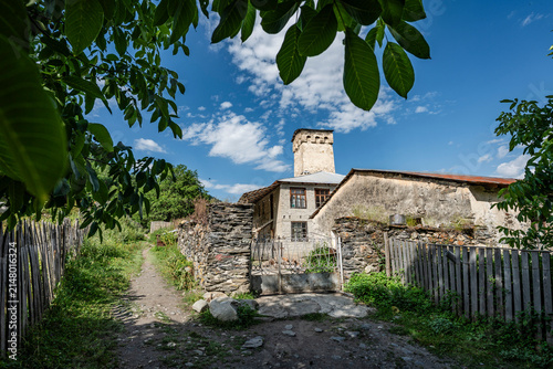 Typical Svan farm with tower, trans-Caucasian trail, Adishi, Upper Svaneti, Caucasus mountain range, Georgia