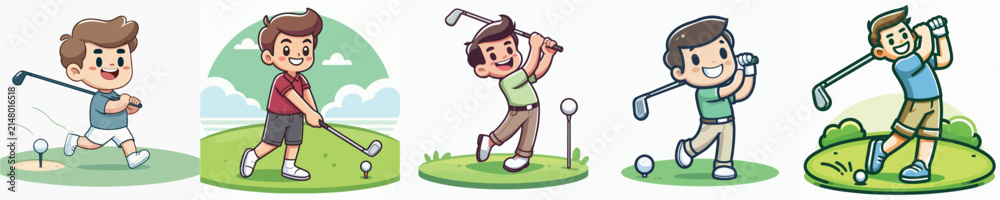 Fototapeta premium Cartoon Characters Playing Golf in Various Action Poses