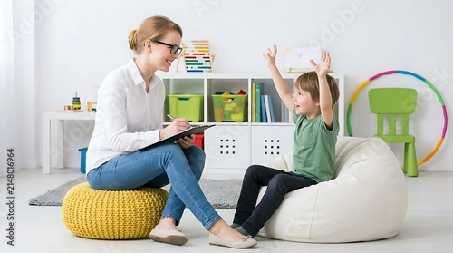 Young boy enthusiastically engages in a supportive therapy session with a compassionate psychologist, fostering communication and emotional development in a modern, child-friendly setting
