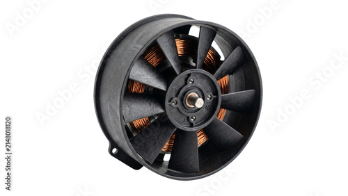 Cuadro en lienzo Industrial axial fan with black plastic blades and copper motor windings inside