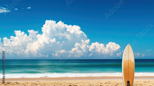 Waves crash on beach with surfboard in focus under blue sky