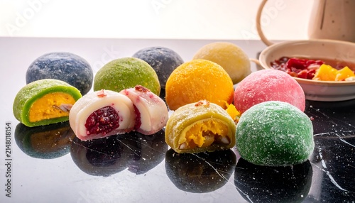 Colorful fresh fruit assortment in bowls.