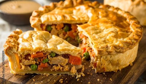 Golden brown pizza with toppings close up.