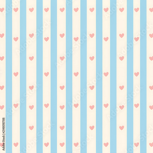 Cute pink hearts seamless pattern vector illustration on a blue and beige vertical striped background