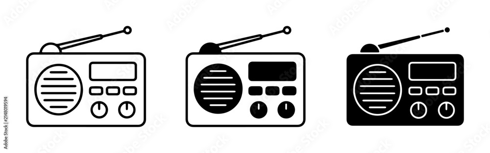 Obraz premium Retro Portable Radio Icons, Vintage Transistor Audio Devices, Classic Broadcast Receiver Set