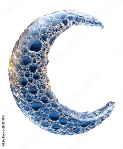 Crescent Moon of Bubbles: A mesmerizing crescent moon shape formed by an intricate pattern of shimmering blue bubbles, reflecting light and creating a sense of ethereal wonder.