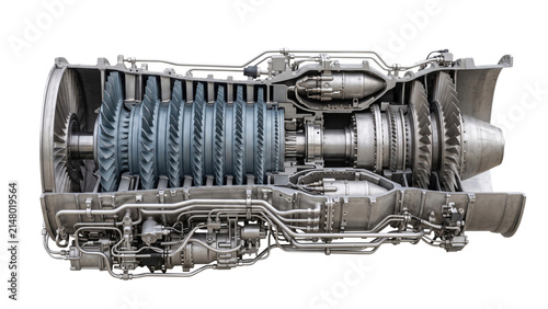 Cuadro en lienzo Jet engine cross section view showing internal turbine stages and combustion cha