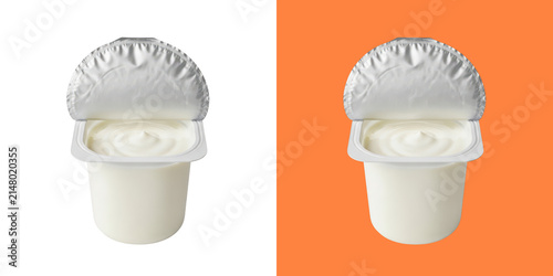 Small plastic cup of creamy white yogurt with a silver foil lid partially opened for a healthy breakfast or snack food item