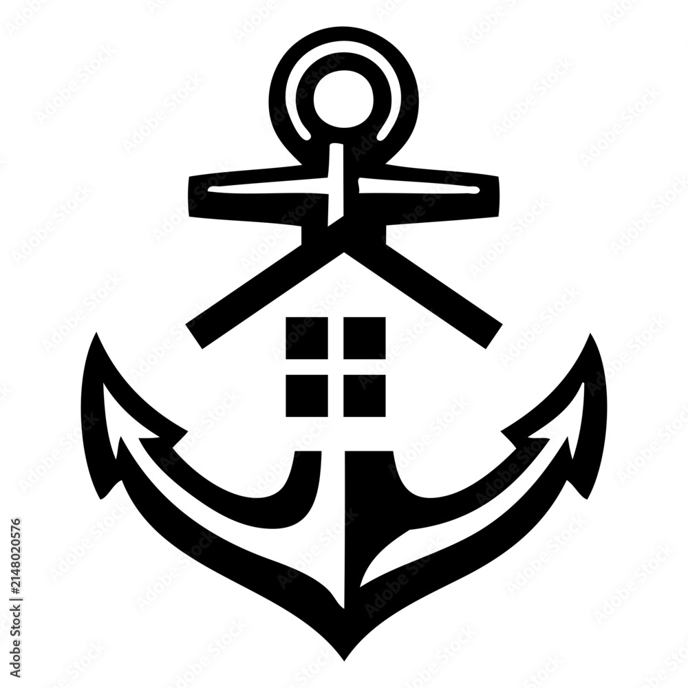 Naklejka premium Logo Nautical. Símbolo de embarcadero. Icono con dibujo sencillo de un ancla de barco con el tejado y ventanas de una construcción 